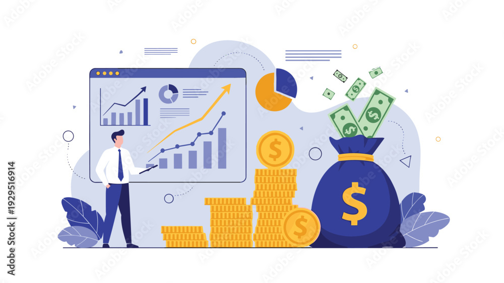 Naklejka premium Financial expert presenting business growth data next to a large money bag and stacks of coins for investment planning.