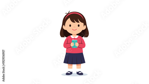 Cute cartoon girl with a headband and a red sweater holding a blue book while standing against a clean white background.