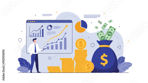 Financial expert presenting business growth data next to a large money bag and stacks of coins for investment planning.