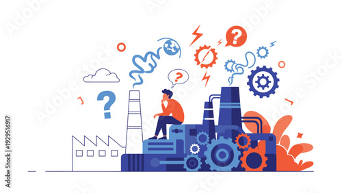 Thoughtful man sitting on a large machine and pondering industrial solutions amid smoke and pollution from factory chimneys.