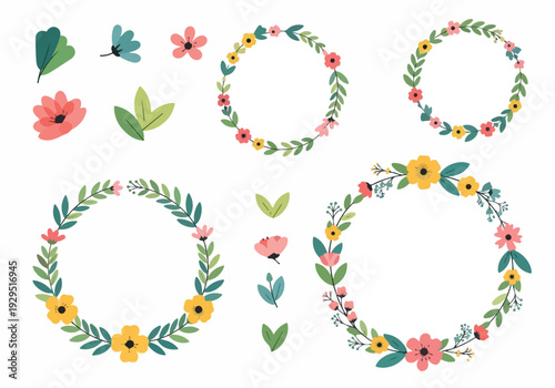 Floral Wreaths and Botanical Elements A Collection of Hand-Drawn Floral Wreaths and Leafy Accents for Artistic Design