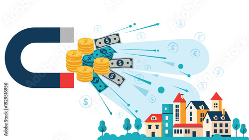 Financial concept illustration showing a large magnet attracting money and coins from various houses representing property profit.