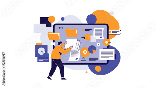Information manager organizing digital files and data folders in a complex virtual workspace to improve business efficiency.
