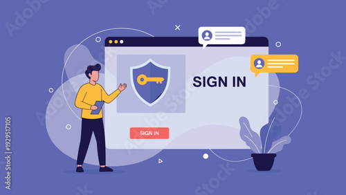 User interface design specialist pointing at secure sign in page with shield and key icons for web account safety illustration.