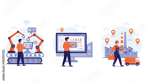 Industrial operations set showing automated manufacturing with robotic arms and logistics worker managing factory warehouse tasks.