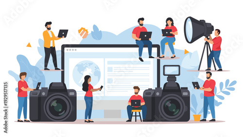 Media production team working together on creative content projects with cameras and digital monitors in professional studio setting.