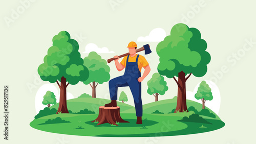 Logger standing on tree stump with axe in forest representing wood harvesting industry and environmental impact of deforestation.
