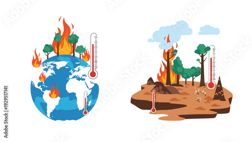 Climate change impact scenes showing forest fires and rising global temperatures affecting natural ecosystems and earth environment.