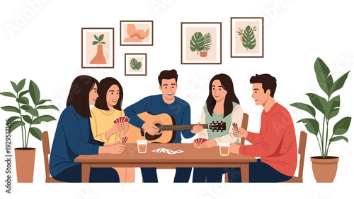 Friends gathering at home for fun evening playing cards and acoustic guitar music in comfortable indoor social setting with plants.