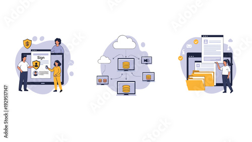 Digital data management set featuring secure login cloud storage synchronization and electronic document filing for business efficiency.
