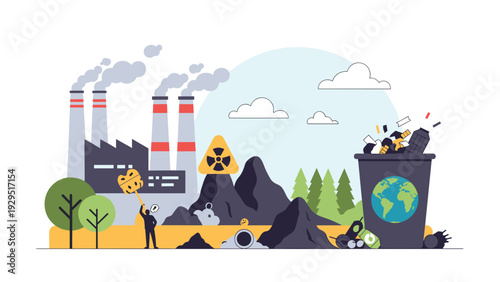 Industrial pollution landscape showing factory emissions nuclear waste and trash accumulation threatening global ecosystem health.