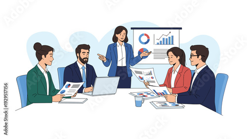 Corporate team leader presenting business strategy and growth charts to colleagues during collaborative meeting in office setting.
