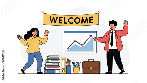 Business team celebrating successful performance growth and revenue increase under welcome banner with office supply icons around.