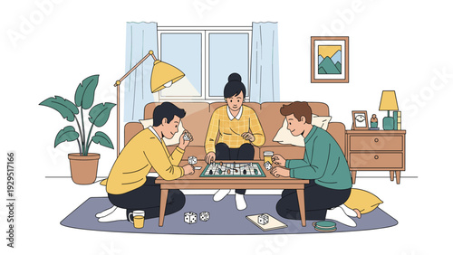 Group of young friends enjoying quality time together while playing board game on table in cozy home living room environment.
