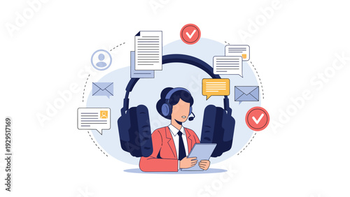 Customer service representative wearing headset managing multiple communication channels like emails and chats for support center.