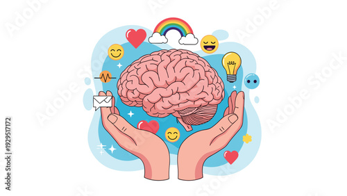 Human brain supported by hands surrounded by positive icons and emojis representing mental health awareness and creative thinking.