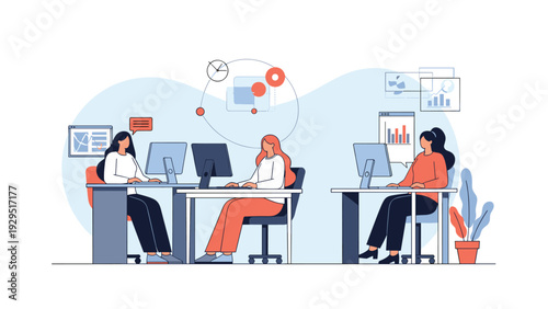 Women working on data analysis and digital projects at computers in modern office workspace with floating statistical graphics.