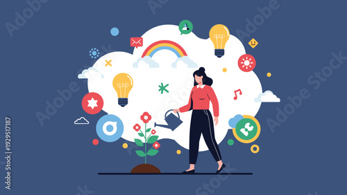 Woman watering growing flower with lightbulb and rainbow icons representing personal development and self care practices at home.