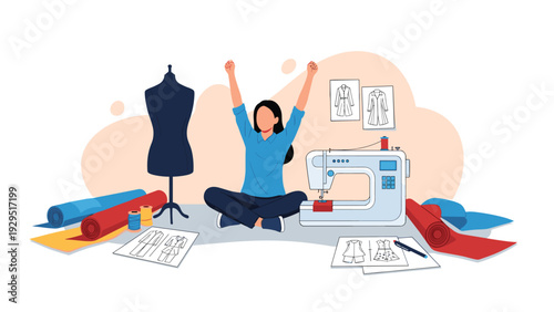 Fashion designer sitting among colorful fabric rolls and sketches while celebrating creative success with sewing machine at hand.