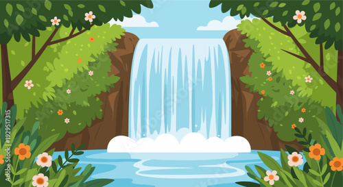 Illustration of a vibrant cartoon waterfall cascading into a clear pond, surrounded by lush green trees, leaves, and blooming flowers, creating a peaceful, idyllic scene.
