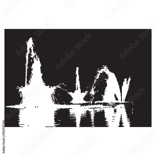 Splashing fountain jets in dark night scenery with bright water droplets and mirror surface reflection art