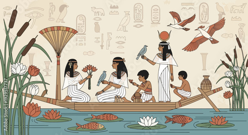 Ancient Egyptian family on a boat trip down the Nile river with papyrus and lotus flowers