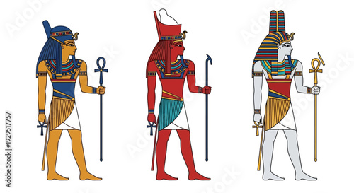 Ancient Egyptian Gods Ra, Osiris, and Anubis depicted in classic hieroglyphic style