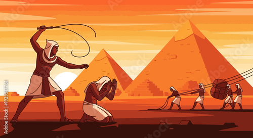 Ancient Egyptian slaves building pyramids under harsh supervision