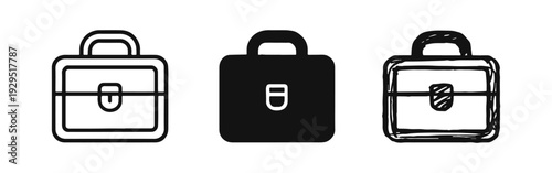 Briefcase Icons Set in Outline, Solid Glyph, and Hand-Drawn Doodle Styles
