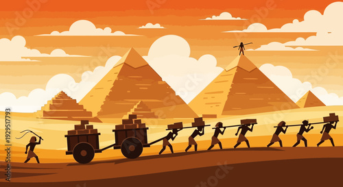 Ancient Egyptian Workers Haul Stones for Pyramid Construction in Desert Landscape