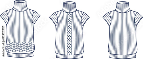 Three striped sweater with different patterns and textures shown in black and white line black and white