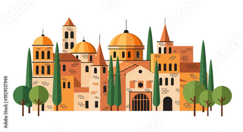 Charming European Townscape with Cypress Trees and Domes, Stylized Vector Art