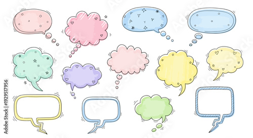 Colorful cartoon speech bubbles and thought clouds.
