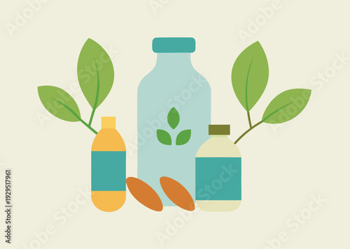 Flat illustration of plant-based milk bottles surrounded by oat stalks, almond nuts, and green leaves.