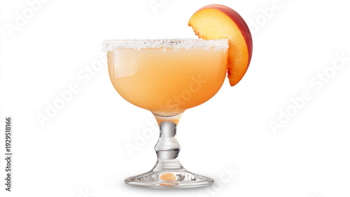 Refreshing peach margarita cocktail with a salt rim and fresh peach slice, perfect for a summer travel lifestyle.