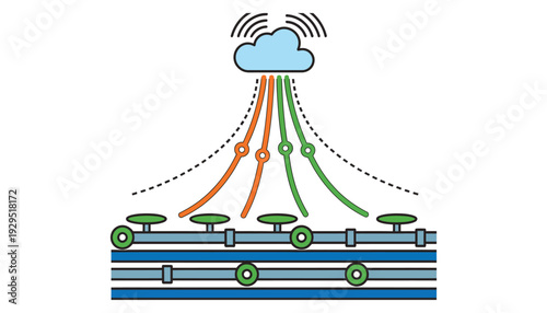 Industrial pipes and valves connected to cloud symbol, automation network, smart factory illustration, infrastructure system, RJ Whisk Auto concept, vector design.