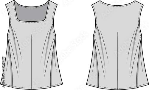 Two Gray Dress Patterns with Dotted Lines and Shaded Details Front and Back View front view