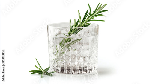 Refreshing rosemary gin cocktail with ice in a crystal glass on white background, ideal for food and lifestyle.