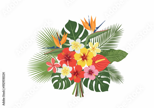 Beautiful tropical flower arrangement with vibrant exotic blooms and lush green foliage