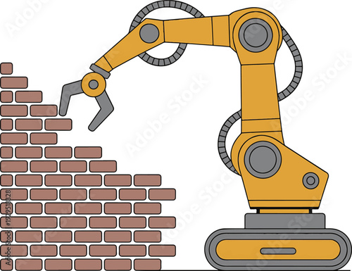 Robotic arm constructing a brick wall with precision and speed in an industrial setting from a side view