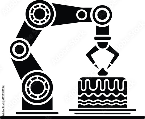 Robotic arm decorating a layered cake with precision and intricate design in a modern industrial setting