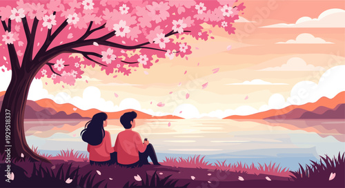 Illustrated couple sits under a cherry blossom tree by a lake at sunset, enjoying the beautiful scenery. Romantic, peaceful, tranquil scene, perfect for travel, romance, or spring themes.