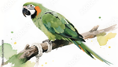 Vibrant green parrot perched on branch.