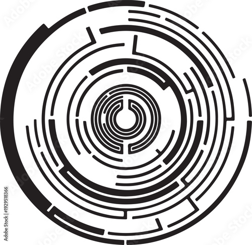 An abstract black and white spiral design featuring circular vector patterns that form a 3D labyrinth target symbol for business success and technological art