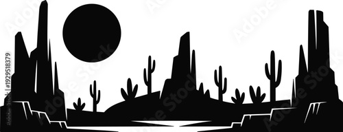 Desert canyon silhouette with towering rock formations, cacti and sun, black vector illustration isolated on white background for western landscape and nature concepts.