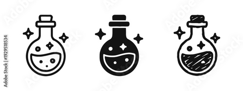 Magic potion bottle icon set. Outline, glyph, and hand-drawn elixir flask symbols with sparkling effects on a white background.