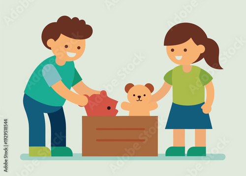 A brother and sister are working together to put a piggy bank and a teddy bear into a donation box.