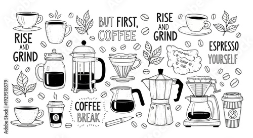 Illustrations of coffee related items and phrases.