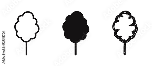 Cotton Candy icon set in outline, solid, and hand-drawn doodle styles. Sweet carnival snack symbol illustration.