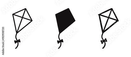 Kite icon set in outline, solid, and hand-drawn doodle styles. Children's toy and outdoor activity symbol.